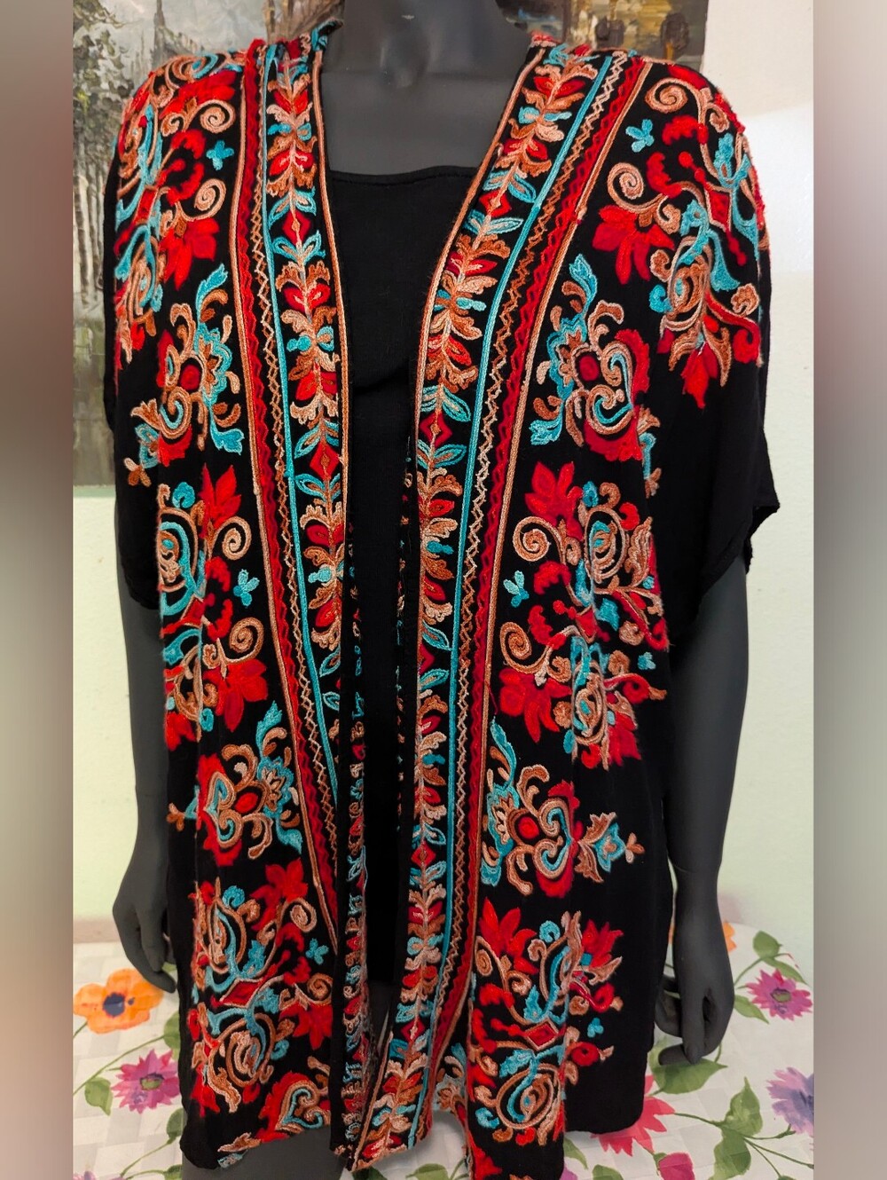 Umgee Black Kimono Top with Red, Teal & Gold Embroidery